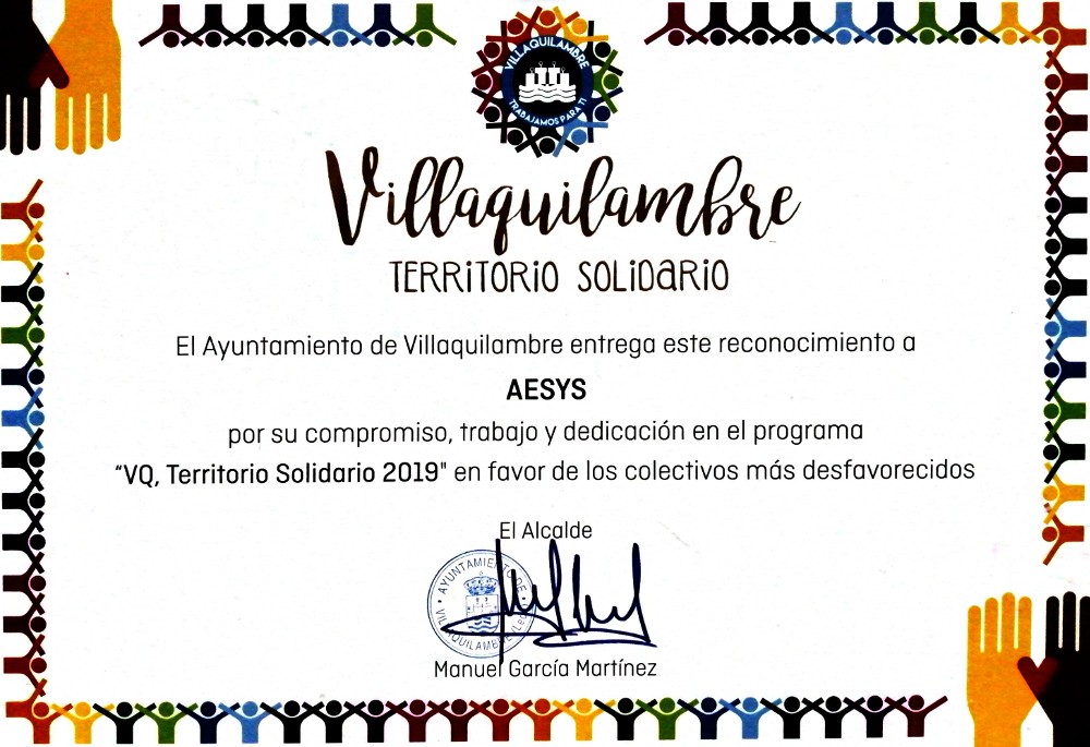 Diploma de reconocimiento AESYS por Territorio Solidario Villaquilambre 2019